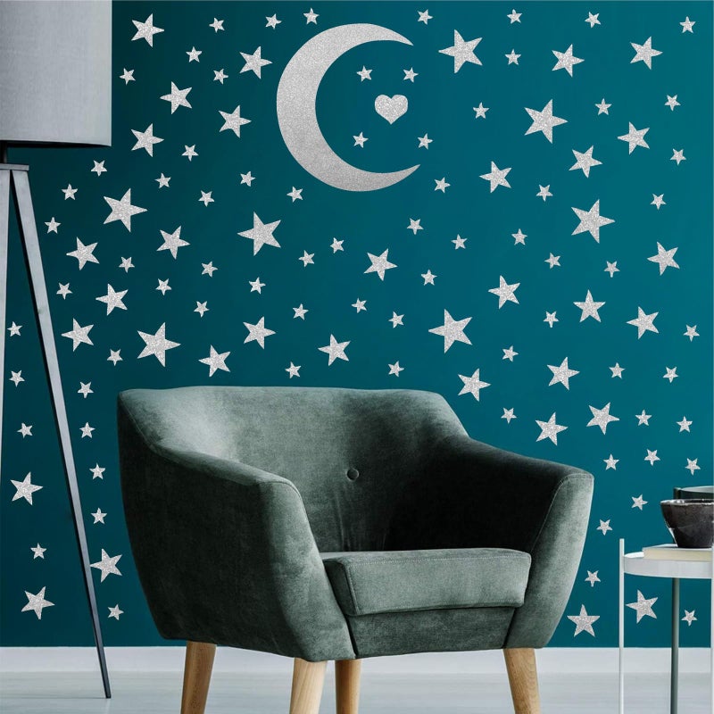 Easma Star Wall Decals (191stars+1moon+1heart) 3 Size Silver Stars and Moon Decals Removable Peel and Stick Stickers Fits Kids Room Decor - Image 2